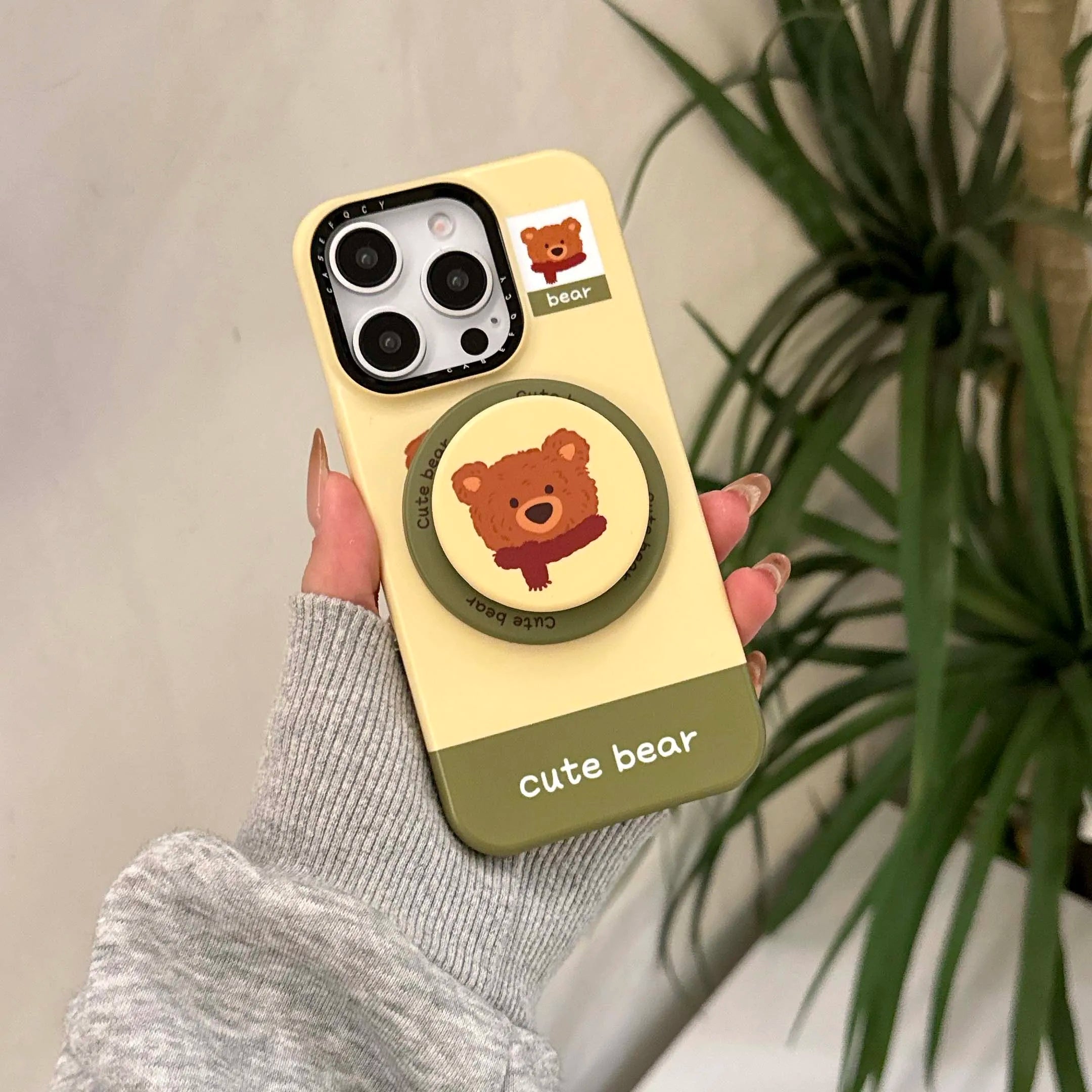 Qfdian Cartoon winter bear cute phone case for iphone 15pro 14promax 13promax 16 14 13 15 pro max magnetic stand holder ins fundas