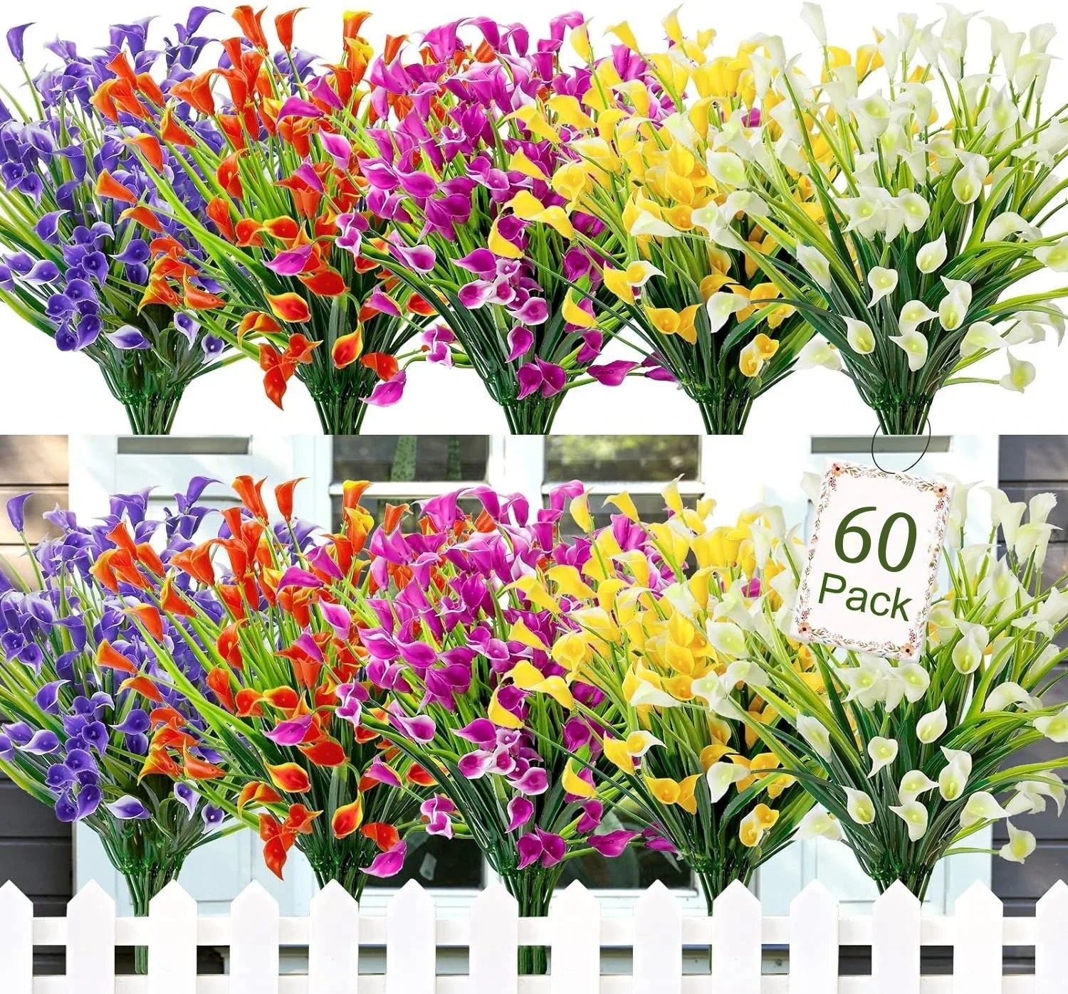 Qfdian 60 Bundles Artificial Flowers for Outdoor No Fade Fake Plastic Outside Flowers Faux Plants for Decoration Hanging Planters