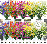 Qfdian 60 Bundles Artificial Flowers for Outdoor No Fade Fake Plastic Outside Flowers Faux Plants for Decoration Hanging Planters