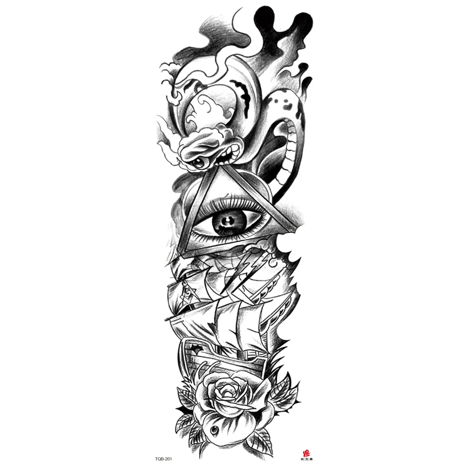 Qfdian Full Arm Tattoo Waterproof Temporary StickerCool Skull Fish Dragon Lion Clock Men Women Art Fake Sticker Glitter Style
