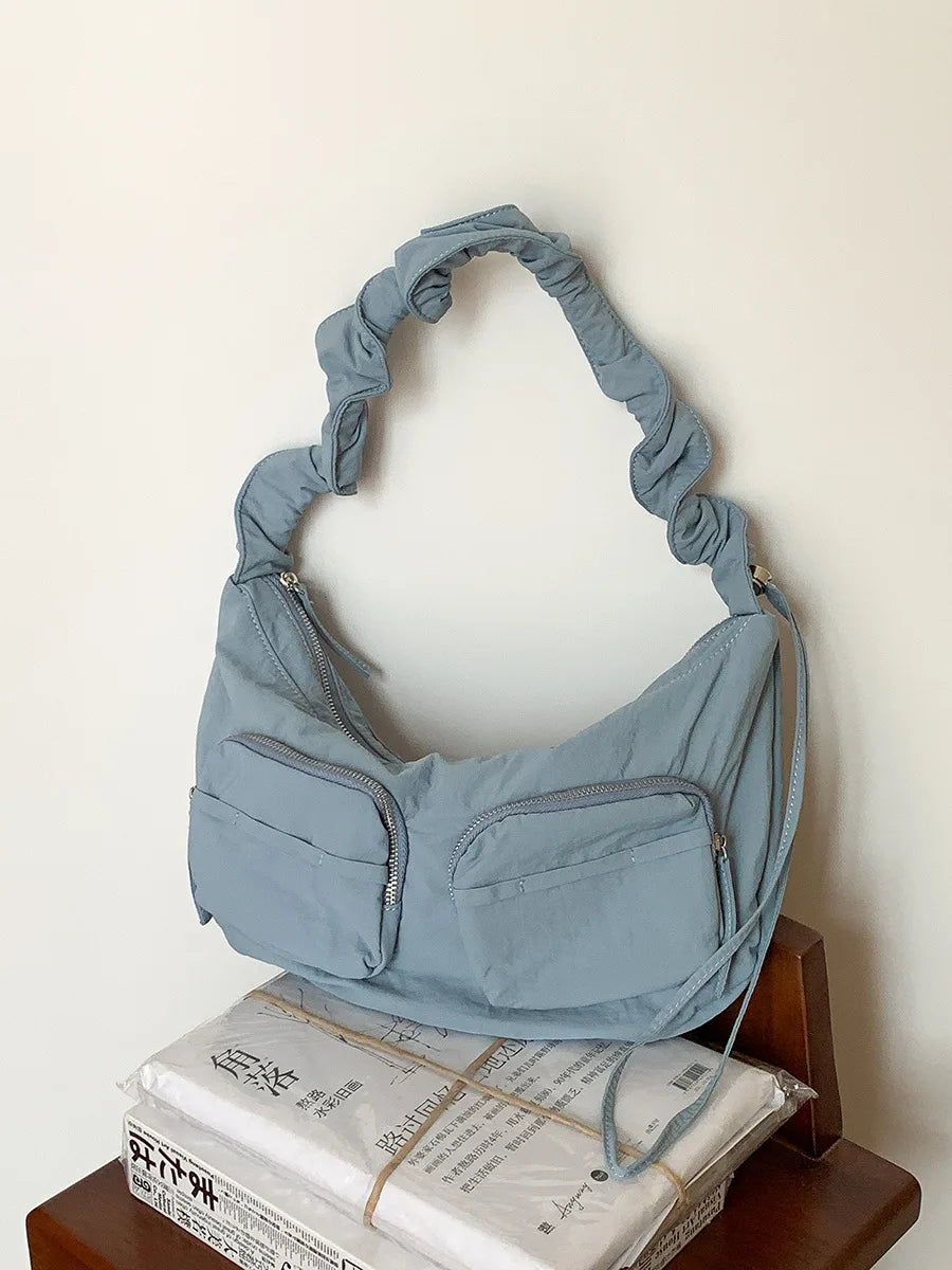 Qfdian Vintage Women Nylon Zipper Hobo Bag Streetwear All Match Y2k Aesthetic Ins Shoulder Bags Drawstring Pleated Handbags Crossbody
