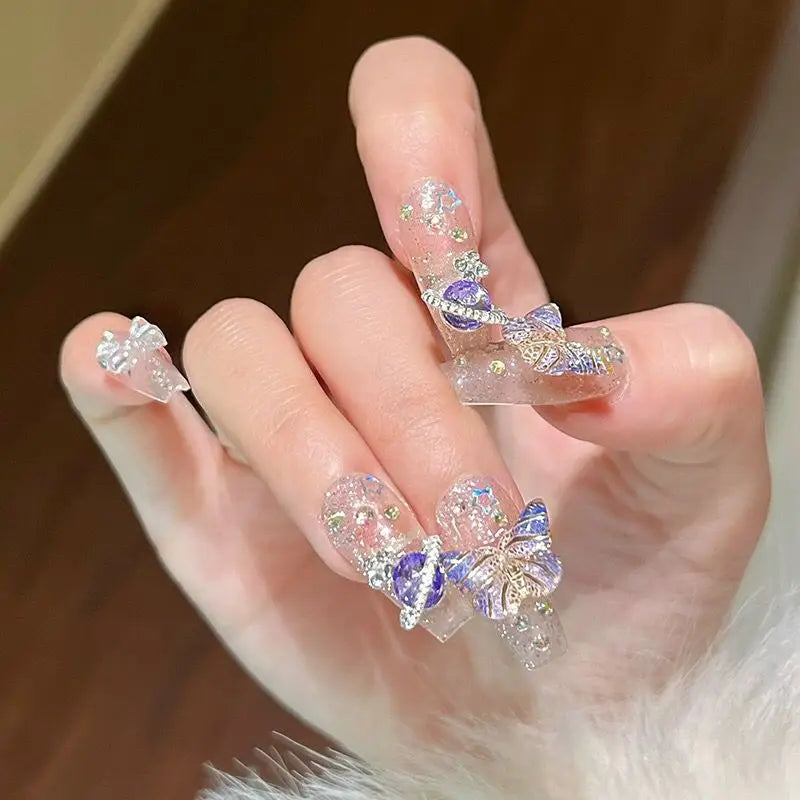 Qfdian 10Pcs Handmade Press On Nails Big Planet Designed Fake Nails with Butterfly Art Glitter False Coffin Nails Diamond Wearable Tips