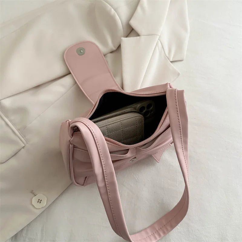 Qfdian Underarm Small Square Bag Butterfly Knot PU Single Shoulder Handbag Women's Crossbody Tote