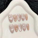 10pcs Handmade Nude Cat Eye Press on Nails Shiny Sequins Design Fake Nails Wearable Short Almond Sweet Korean False Nail Tips