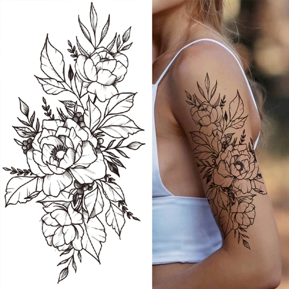 Qfdian Black Sexy Flower Waterproof Temporary Tattoos Sticker Rose Snake Lion Women Body Arm Painting Realistic Fake Tattoo