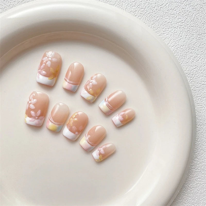 Qfdian Painted Flower Handmade Press On Nails Fake Nails French Manicure Artistic Gentle False Full Cover Nail Patch Color Finger Tips