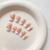 Qfdian Painted Flower Handmade Press On Nails Fake Nails French Manicure Artistic Gentle False Full Cover Nail Patch Color Finger Tips