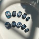 Qfdian Handmade Glitter Fake Nails Press On Nails Luxury Short Cat Eye Reusable Wearable Blue Ballerina False Nails Cute Finger Tips