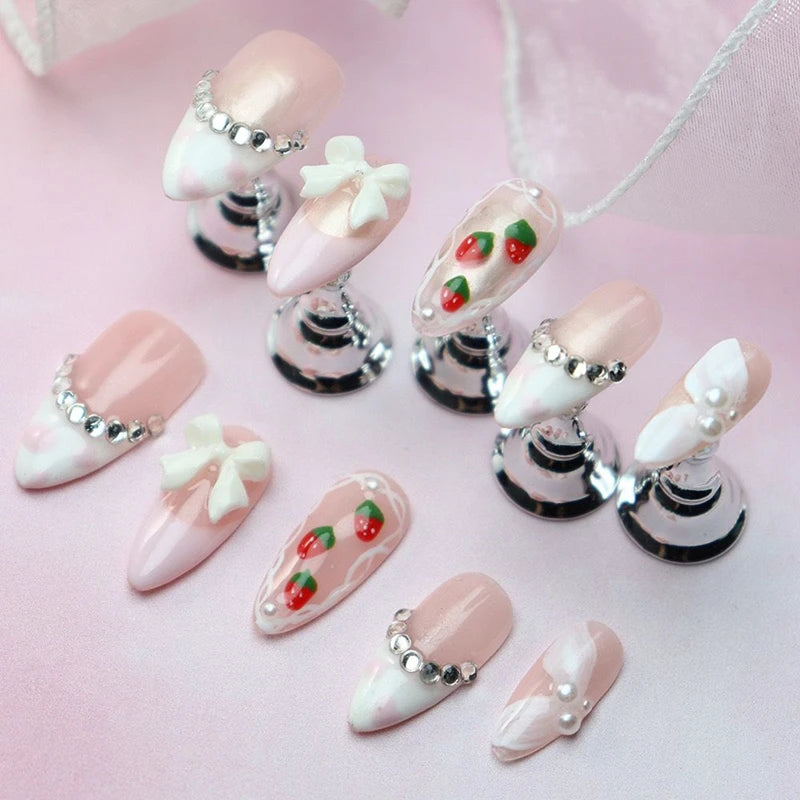 Qfdian 10Pcs Cute Handmade Press on Nails Full Cover French Bowtie Design Almond False Nails Strawberry Manicure Wearable Nail Tips Art