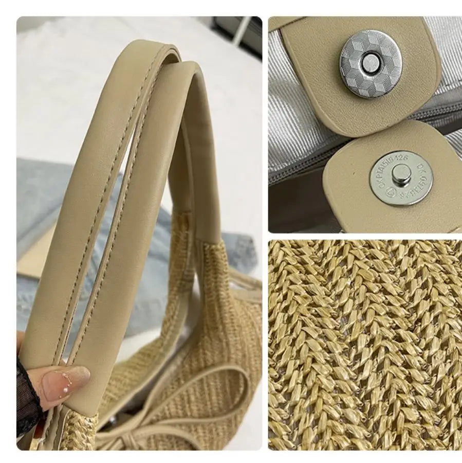 Qfdian Large capacity simple casual armpit bag, fashionable woven bag, beach shoulder bag