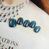 Qfdian 10pcs Cat Eye Blue Handmade Press on Nails Glitter False Nails Short Round Head Manicure Daily Wearable Adhesive Tips Beauty Art