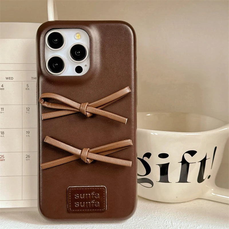 Qfdian Retro Fashion Lovely Bowknot Leather Case For iPhone 16 15 13 14 Pro Max Soft Matte TPU Phone Back Cover