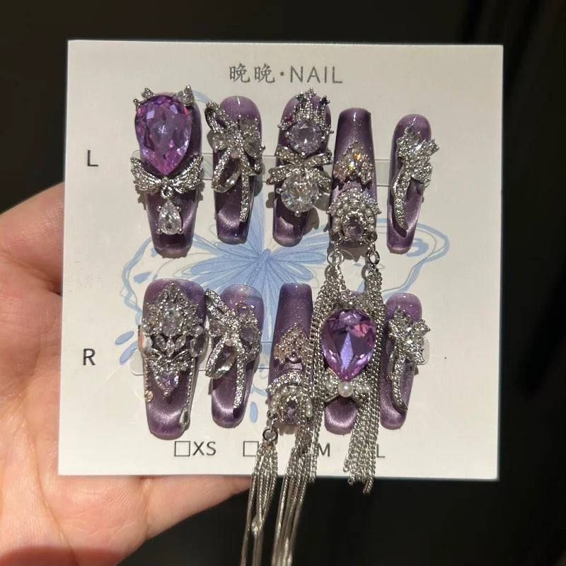 Qfdian 10Pcs High Quality Handmade Press on Nails Rhinestone Color-Block Inlay Internet Celebrity Nail Art Sweet And Cool Girl Style