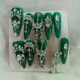 Qfdian 10Pcs High Quality Handmade Press on Nails Black Green Fashionable White Light Luxury Temperament Simple New Style