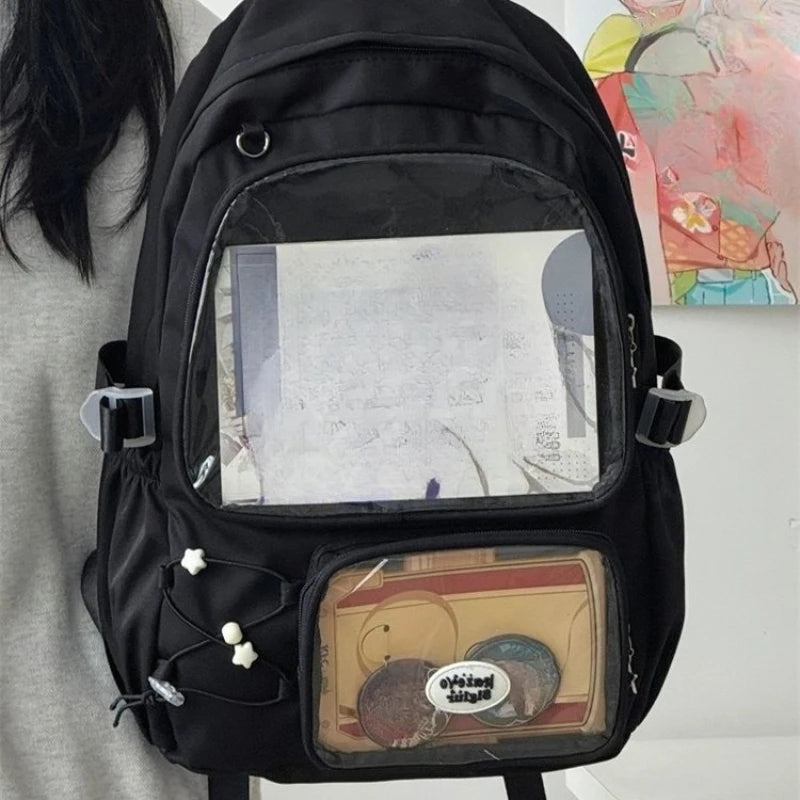 Qfdian High-capacity Y2k Aesthetic Star Print Schoolbags Transparent All Match Casual Ita Bags Sweet Preppy Backpacks for Women Student
