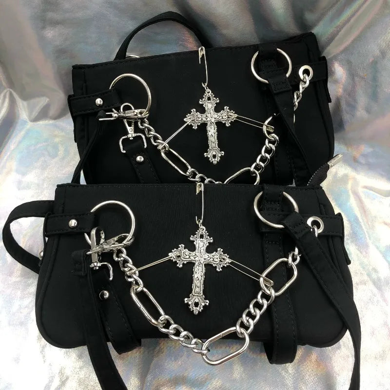 Qfdian Japanese Vintage Streetwear Punk Women Handbags Y2k Aesthetic Trendy Cross Chain Shoulder Bags Casual Fashion Chic Underarm Bag