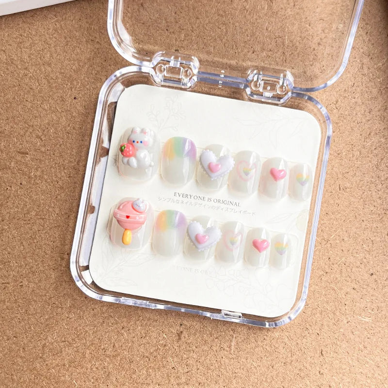 Qfdian 12Pcs/Set Cartoon Style Kids Fake Nails Detachable Press On Fake Nails Full Cover Press Stick On Nails Children Nail Decor