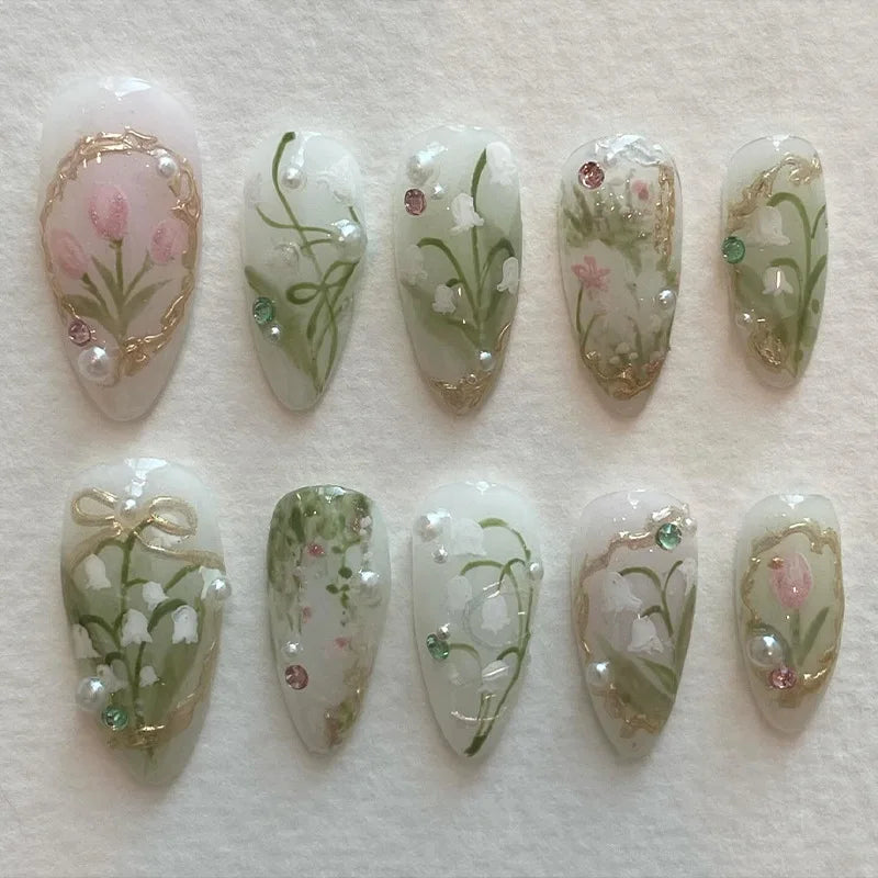 Qfdian 24Pcs Almond Press on Fake Nails Long French False Nails with Pink Bow Wearable Flower Design Oval Manicure Full Cover Nail Tips