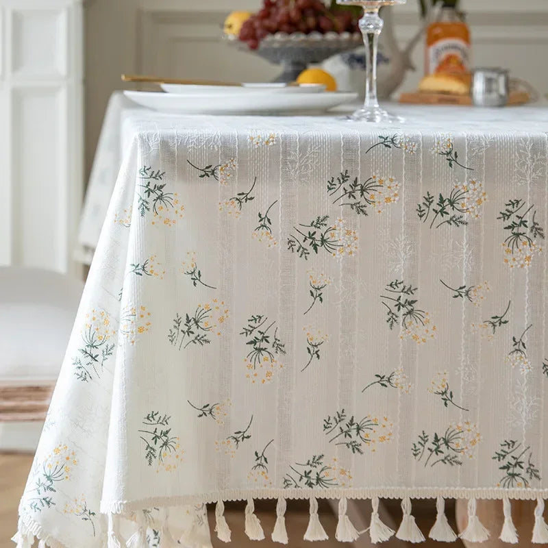 Qfdian Cotton Blend Tablecloth Beige Floral Printed Washable Farmhouse Table Cover for Wedding Party Living Room Baby Shower Decoration