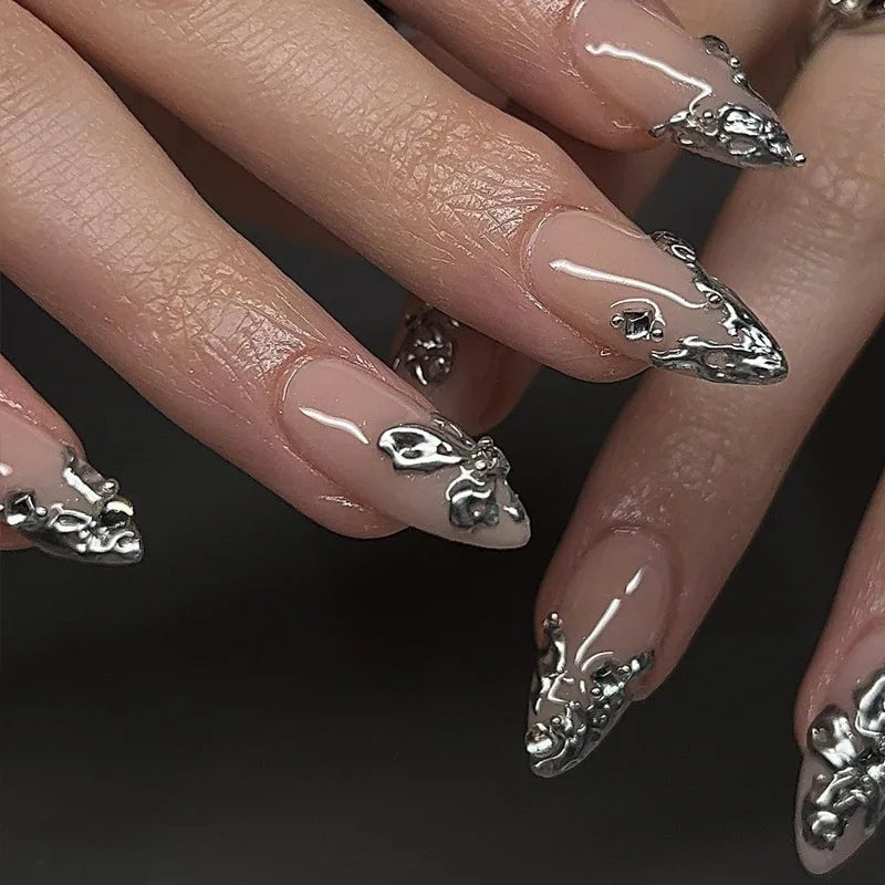 Qfdian 24Pcs Simple French Fake Nails with Almond Head Design Detachable 3D Irregular Star Pattern Press on False Nails Manicure Tools