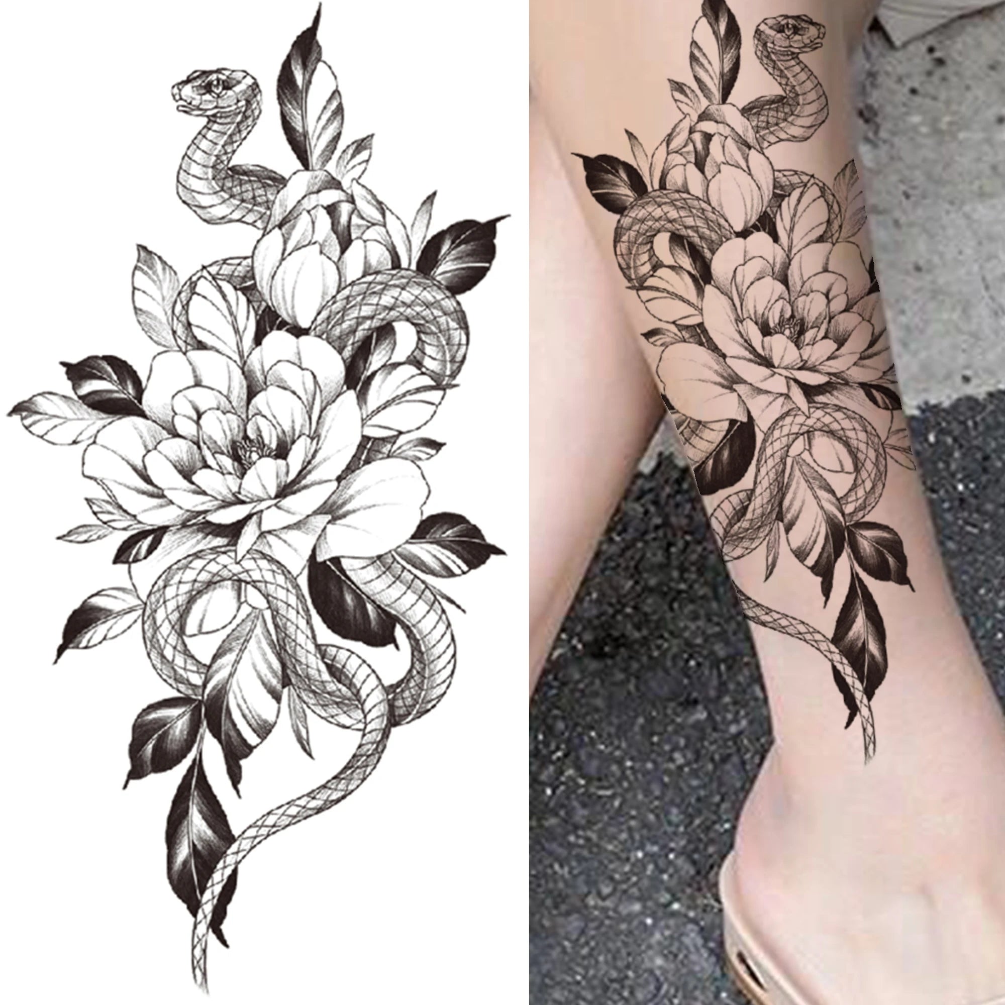 Qfdian Black Sexy Flower Waterproof Temporary Tattoos Sticker Rose Snake Lion Women Body Arm Painting Realistic Fake Tattoo
