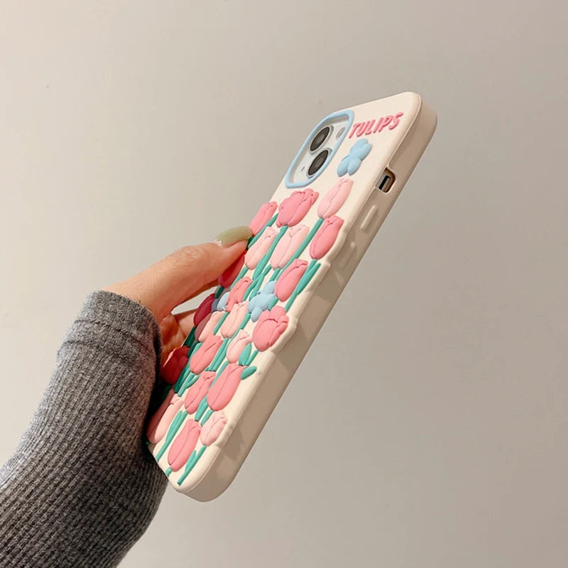 Qfdian Cute 3D Tulip Flower Butterfly Case For iPhone 13 12 11 14 15 Pro Max XS X XR 7 8 14 Plus SE 3 2 Silicone Soft Phone Back Cover
