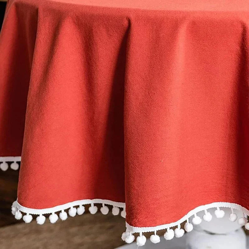 Qfdian Solid Round Tablecloths with Pom Poms Cotton Tablecloth Table Covers for Kitchen Dining Restaurant Wedding Party Home Decoration