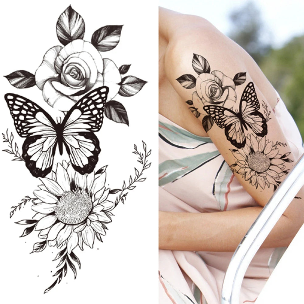 Qfdian Black Sexy Flower Waterproof Temporary Tattoos Sticker Rose Snake Lion Women Body Arm Painting Realistic Fake Tattoo