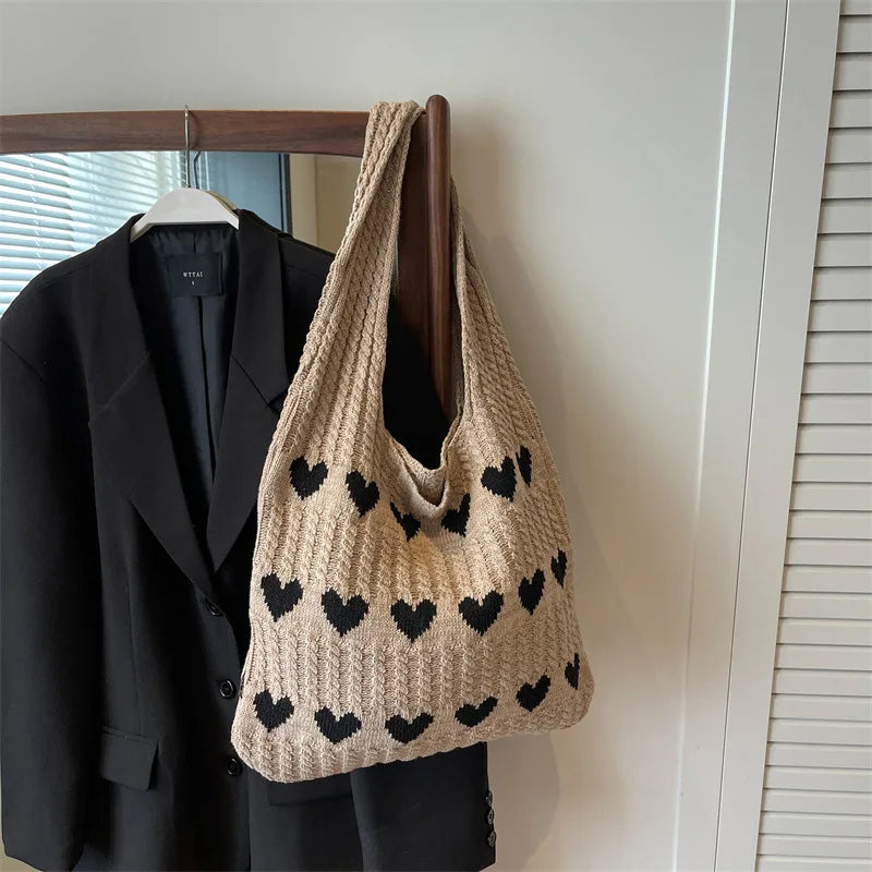 Qfdian 1PC New Knitted Bag Women's Summer Handmade Woolen Underarm Tote Bag Love Shopping Beach Shoulder Bag