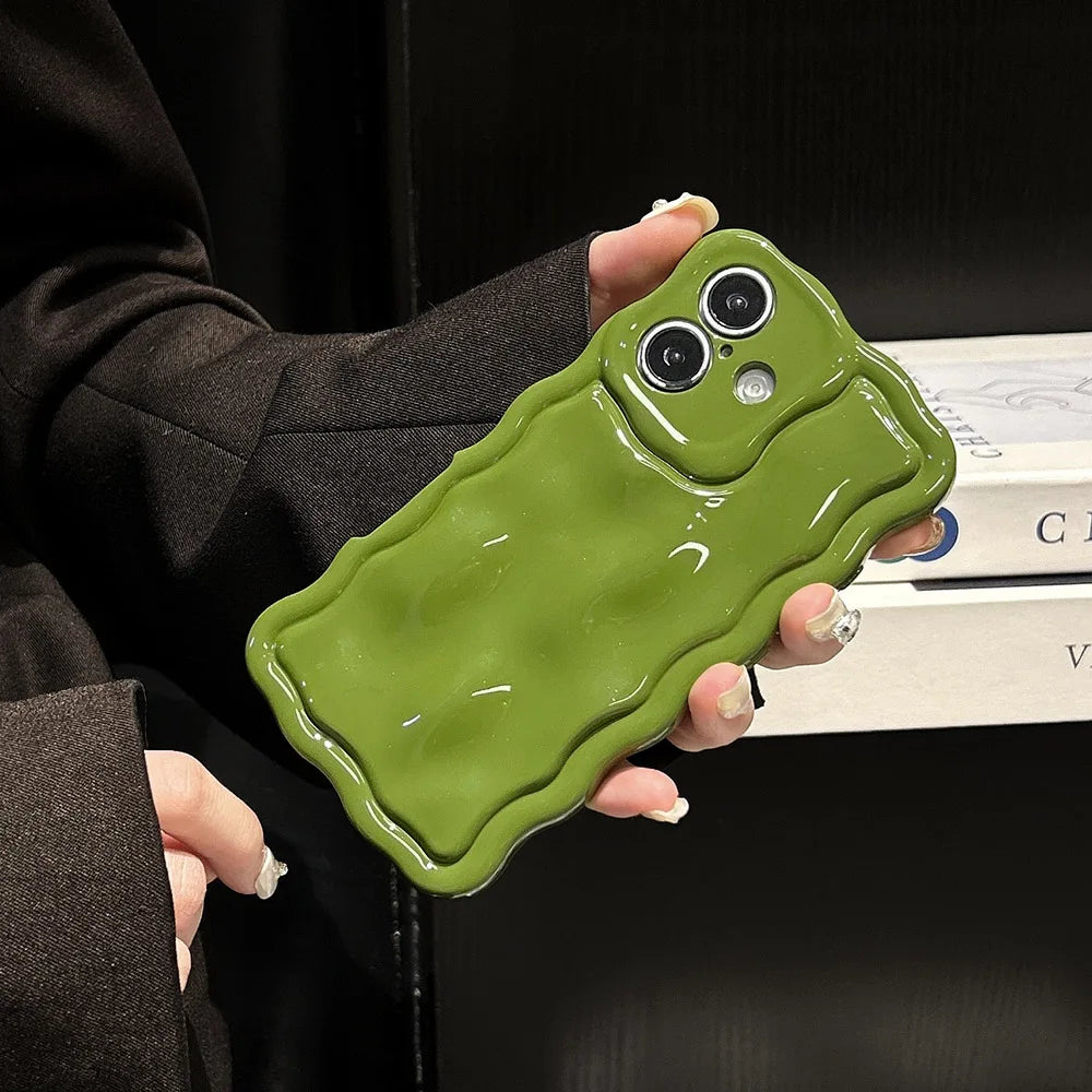 Qfdian Solid Color Gloss 3D Wave Texture Phone Case for iPhone 16 15 14 13 16 Pro Max Soft Silicone Shockproof Protection Coque Cover