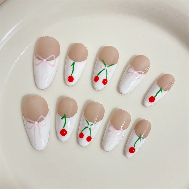 Qfdian 10Pcs White French Handmade Press On Nails Medium-Length Oval Fake Nails Solid Full Cover Cherry Bow Knot Design Manicure Art