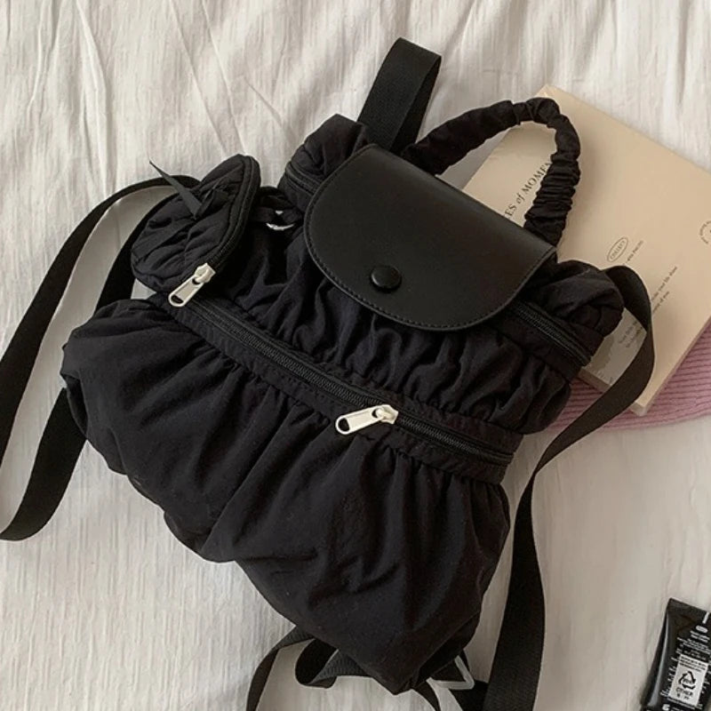 Qfdian Women Trendy All Match Pleated Backpack Korean Casual Preppy Schoolbags Trendy Y2k Aesthetic Nylon Zipper Backpacks for Students