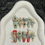 Qfdian 10Pcs High Quality Handmade Press on Nails Carved Retro Lace Rhinestone Full Setting Laser Glitter Stick-on Nail Art Retro Briti