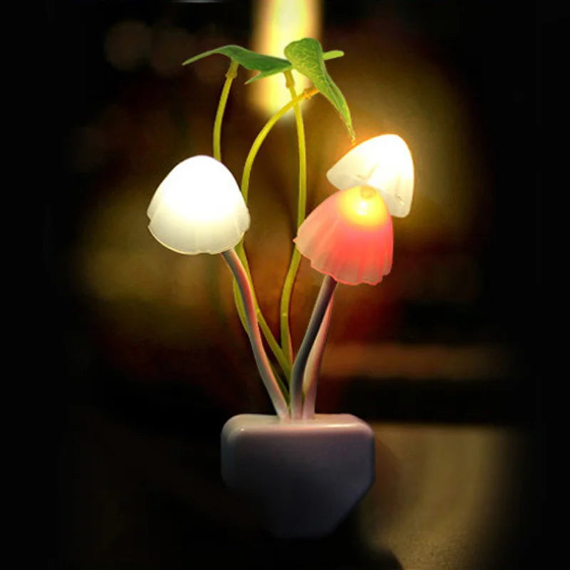 Qfdian Novelty Mushroom Fungus Night Light EU & US Plug Light Sensor 220V 3 LED Colorful Mushroom Lamp Led Night Lights