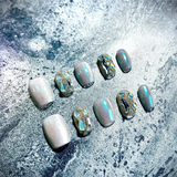 Qfdian Aurora Handmade Press on Nails Fairy Aurora Glitter Fake Nails with Diamond Cat's Eye Ballerina Wear Nail Rewearable Finger Tips