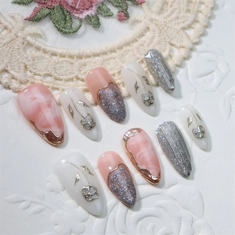 Qfdian Handmade Wearable Press On Nails Y2k Fairy Medium Almond Fake Nails Light Luxury Charms Fake Nails Manicure Ballerina Detachable