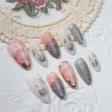 Qfdian Handmade Wearable Press On Nails Y2k Fairy Medium Almond Fake Nails Light Luxury Charms Fake Nails Manicure Ballerina Detachable