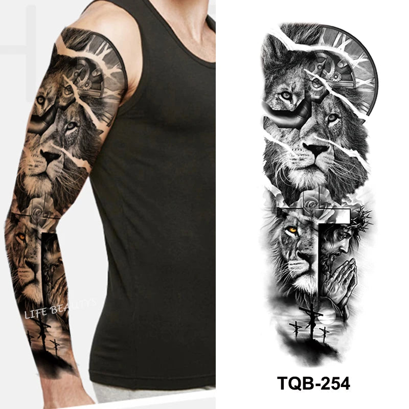 Qfdian Waterproof Full Arm Temporary Tattoo Sticker Tiger Lion Wolf Eye For Man Women Body Art Sleeve Flash Fake Shoulder Tatoo