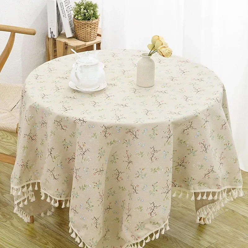 Qfdian Green Round Tablecloth Striped Embroidered Table Cover Farmhouse Tassel Table Cloth for Table Kitchen Dining Room Tabletop Decor