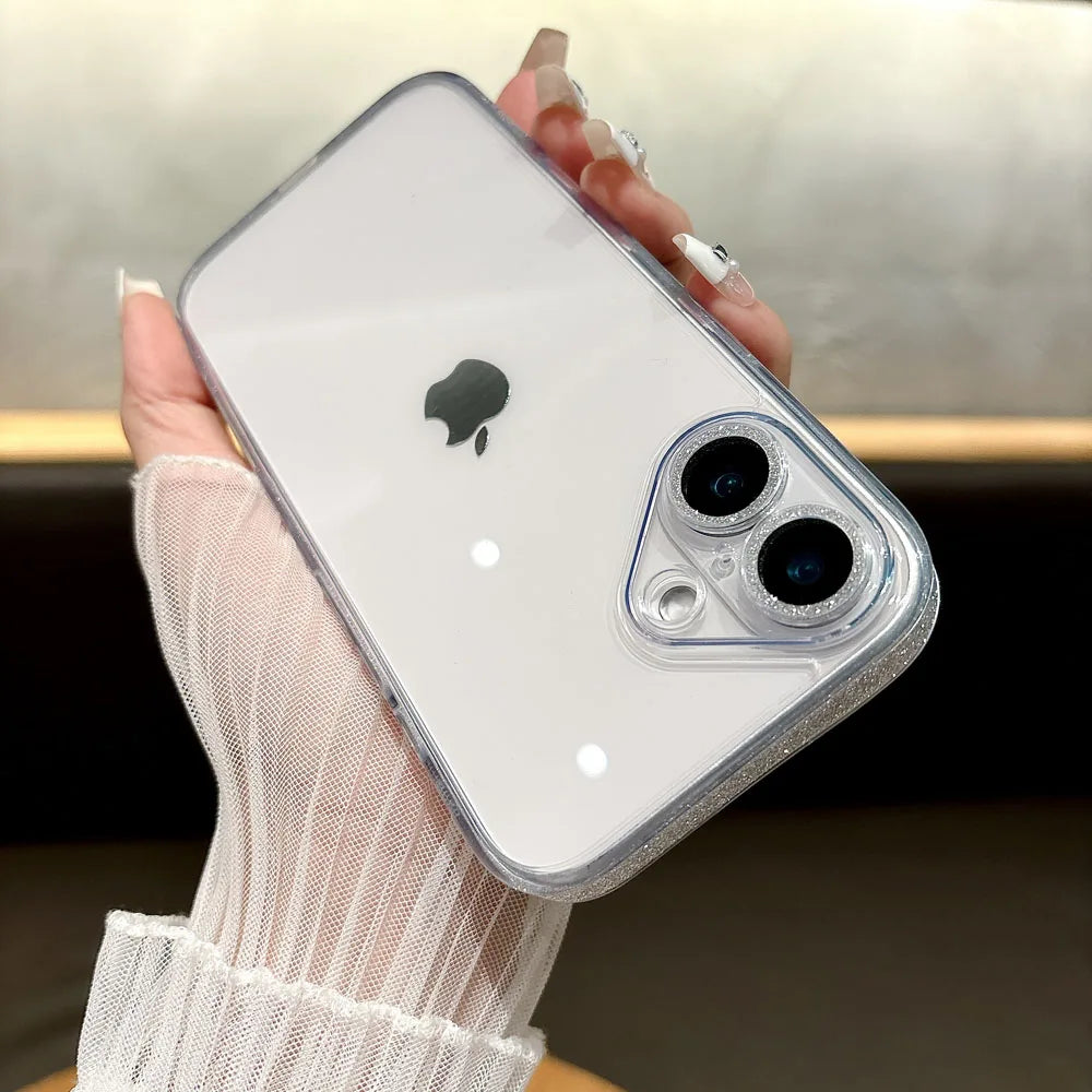 Qfdian Fashion Tempered Glass Transparent Back Cover for iPhone 16 15 14 13 12 11 Pro Max 14/15/16 Plus Sparkling Powder Soft Edge Case
