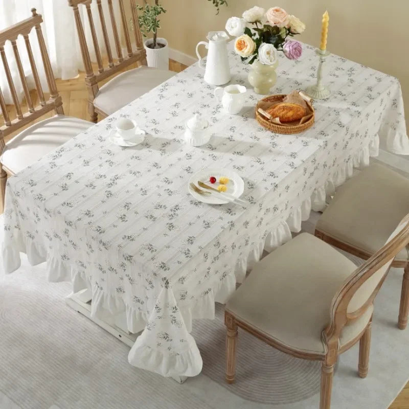 Qfdian Boho Ruffle Tablecloth Rectangle Retro Farmhouse Flounces Trim Washable Table Cover for Coffee Kitchen Picnic Wedding Decoration