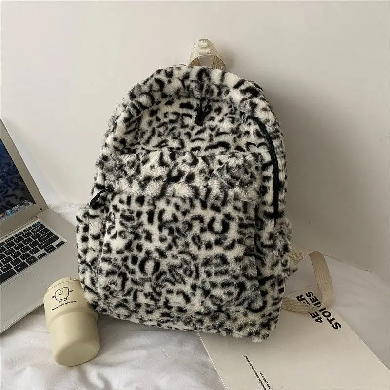 Qfdian Personality Fashion Leopard Fluffy Rucksack Y2k Preppy Casual Harajuku Backpack High-capacity Vintage Grunge Students Schoolbags