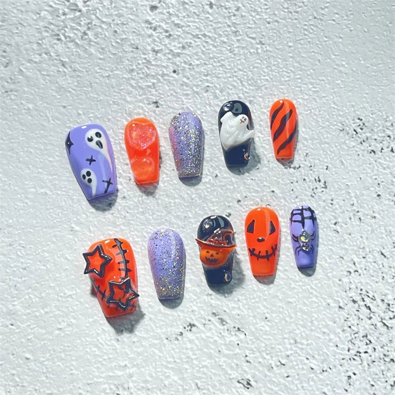 Qfdian Halloween Handmade Press on Nails y2k Pumpkin Full Cover Fake Nails Spice Girls Glitter Wearable Nail Tips Manicure Mixing Color