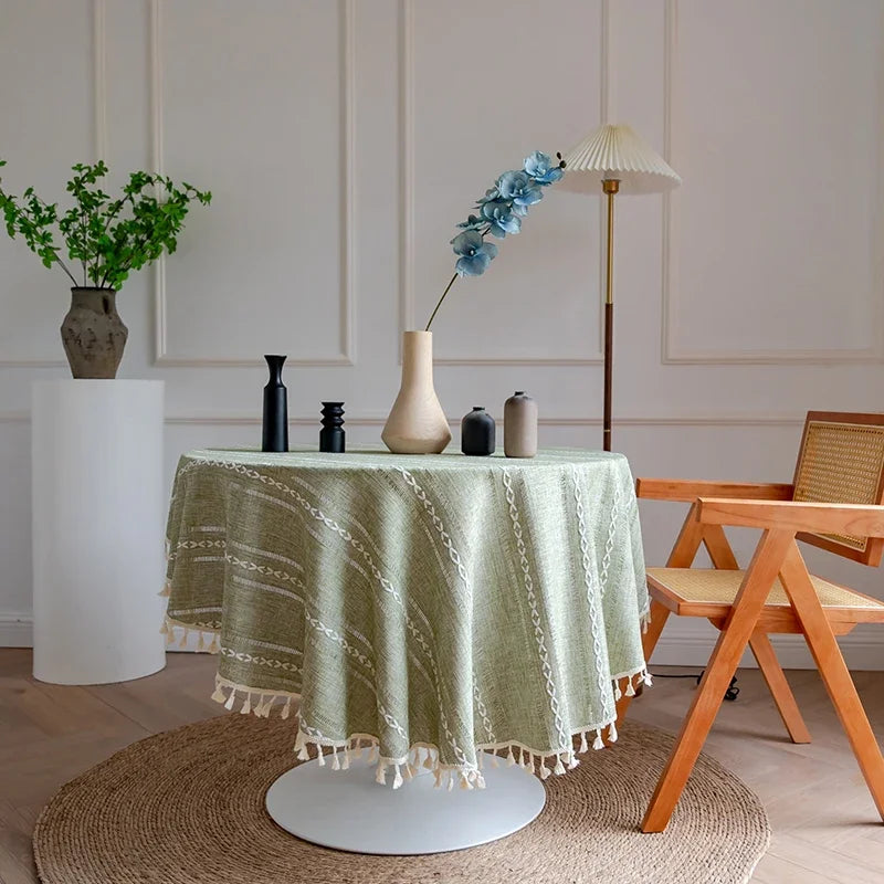 Qfdian Green Round Tablecloth Striped Embroidered Table Cover Farmhouse Tassel Table Cloth for Table Kitchen Dining Room Tabletop Decor