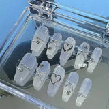 Qfdian 10Pcs Blue Handmade Press On Nails Reuse French Coffin Full Cover Rhinestone Design Fake Nails Artificial Wearable Nail Tips Art