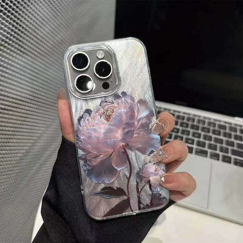 Qfdian Pink Peony Lotus Print Phone Case for IPhone 16 15 14 13 12 11 Pro Max 15 Pro XS XR 7 8 Plus 16e Shockproof Silver Plated Cover