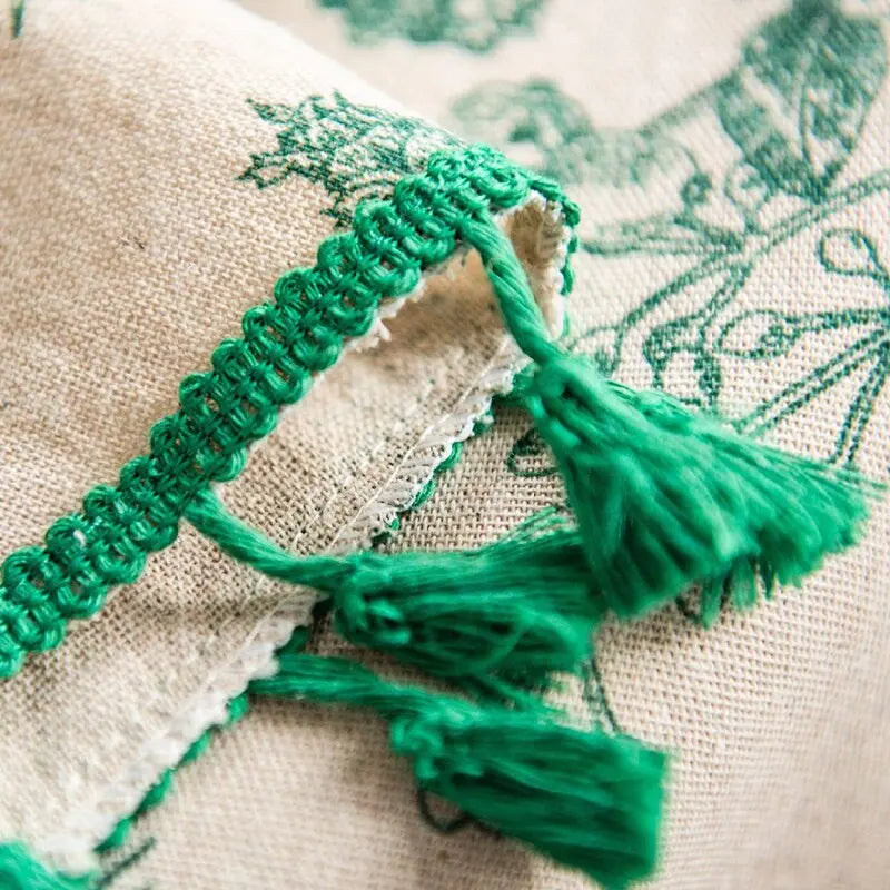 Qfdian Green Leaves Print Round Tablecloth Cotton Linen Boho Table Cloth with Tassels for Kitchen Restaurant Christmas Party Decoration