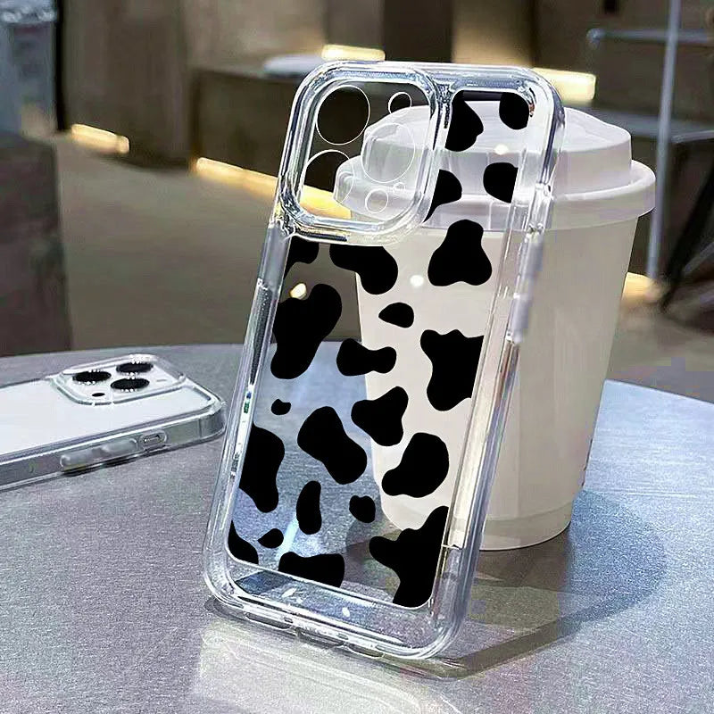 Qfdian Phone Case For iPhone 15 13 14 Pro Max 11 12 Pro Mini 7 8 Plus XR X XS Max SE 2022 Black Cow Print Clear TPU Shockproof Cover