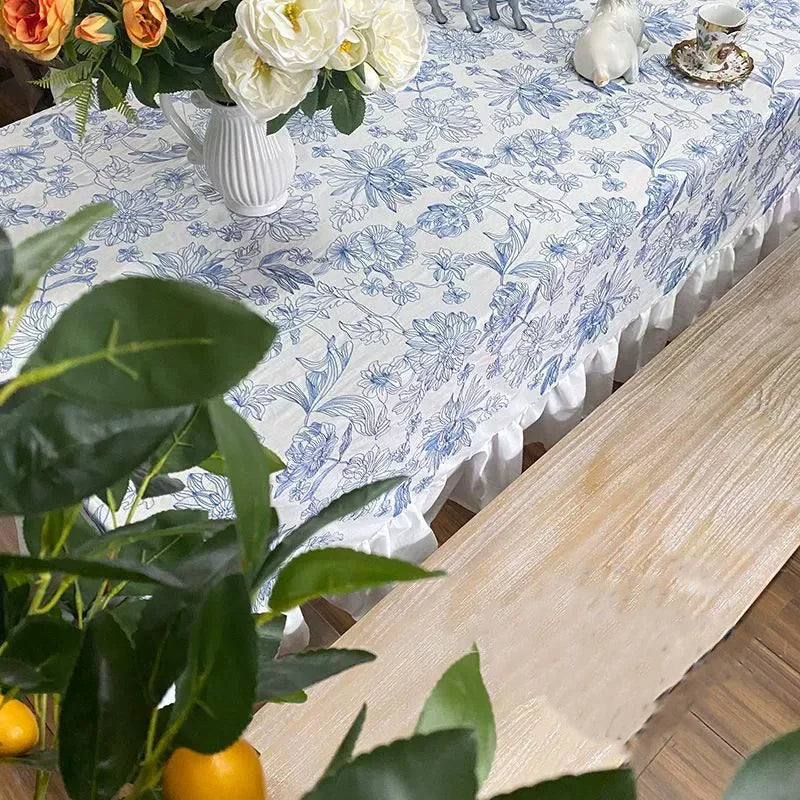 Qfdian Rustic Tablecloth Classic French Printed Ruffles Cotton Table Cloth Rectangle for Kitchen Dining Livingroom Christmas Decoration