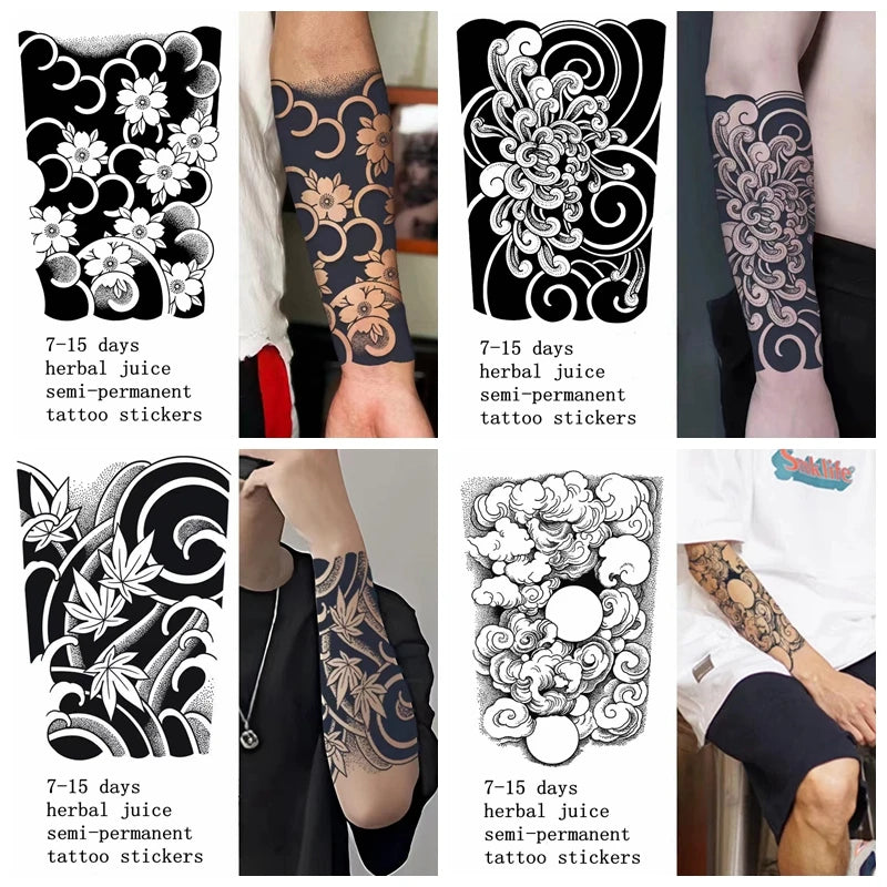 Qfdian Japanese Traditional Half Arm Herbal Juice Temporary Tattoo Stickers Sakura Leaf Lasting Art Fake Tattoo Men Women Faux Tatouage
